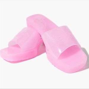 Forever 21 Barbie Logo Pink Jelly Block Heel Slide Sandals Women Fashion Playful